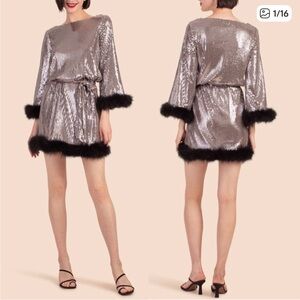 Trina Turk Uhura Feather Trim Sequin Mini Dress Cocktail Party Glam
